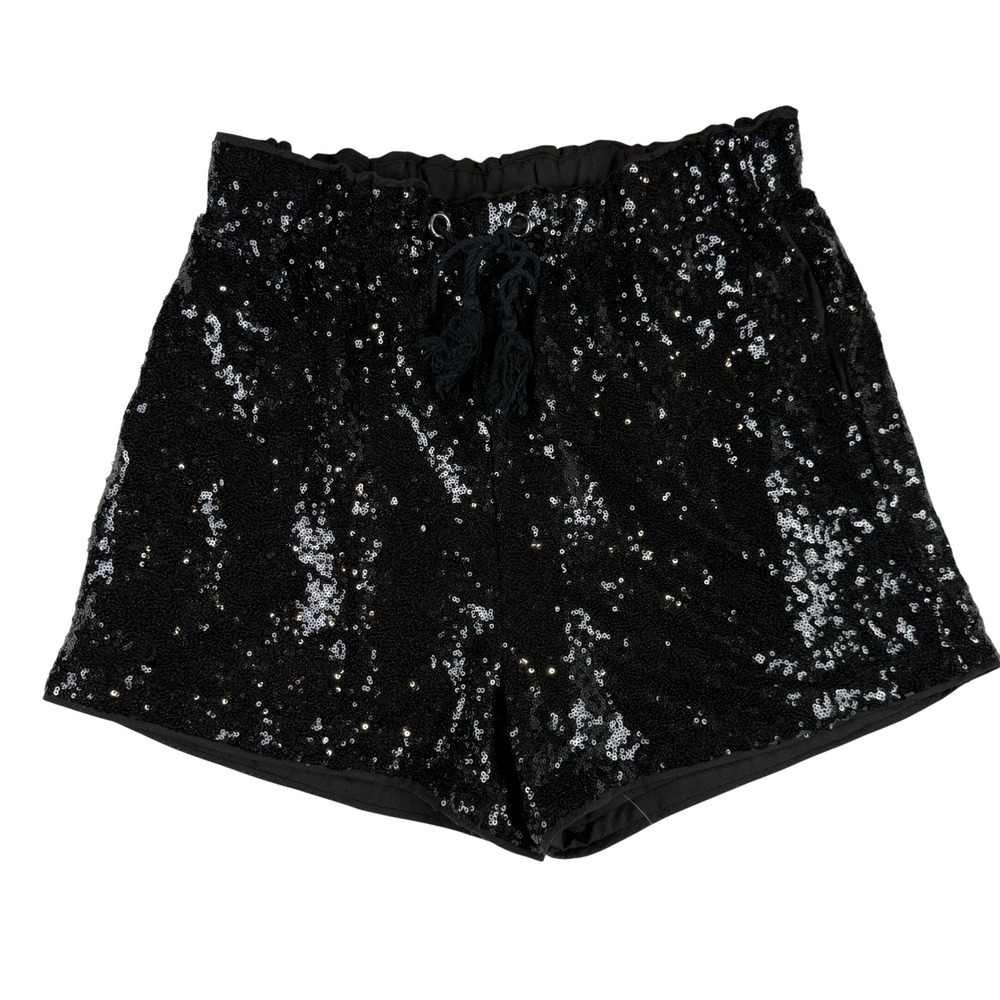 Unbranded Black Sequin Shorts Large Elastic Drawstring Tassel Y2K Party Skater